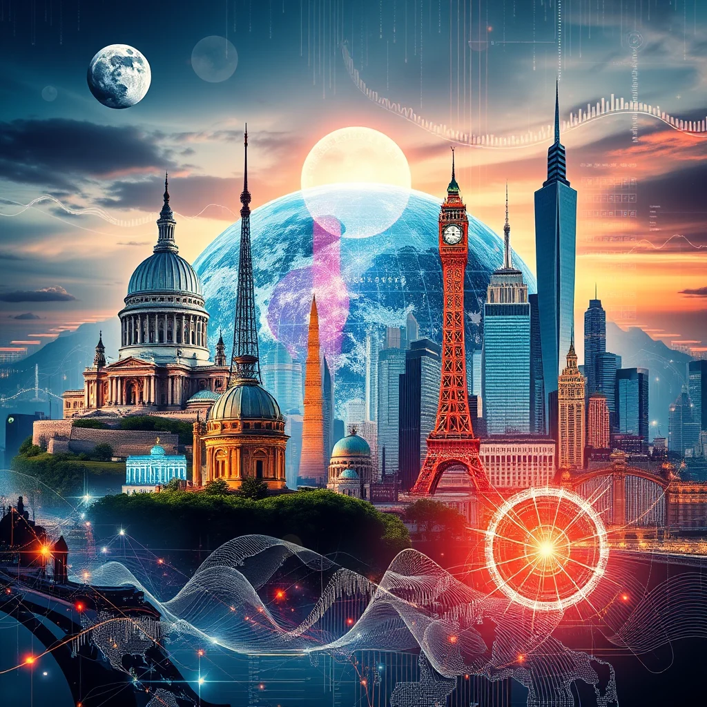 Ein künstlerisches Bild, das eine stilisierte Darstellung der Erde mit berühmten Wahrzeichen wie dem Eiffelturm, Big Ben und einem Gebäude im Stil des Kapitols zeigt, alles vor einem dramatischen Sonnenuntergangshimmel mit zwei Monden. Es ist mit digitalen Grafiken und Datenmustern durchzogen, die Technologie und Globalisierung symbolisieren.