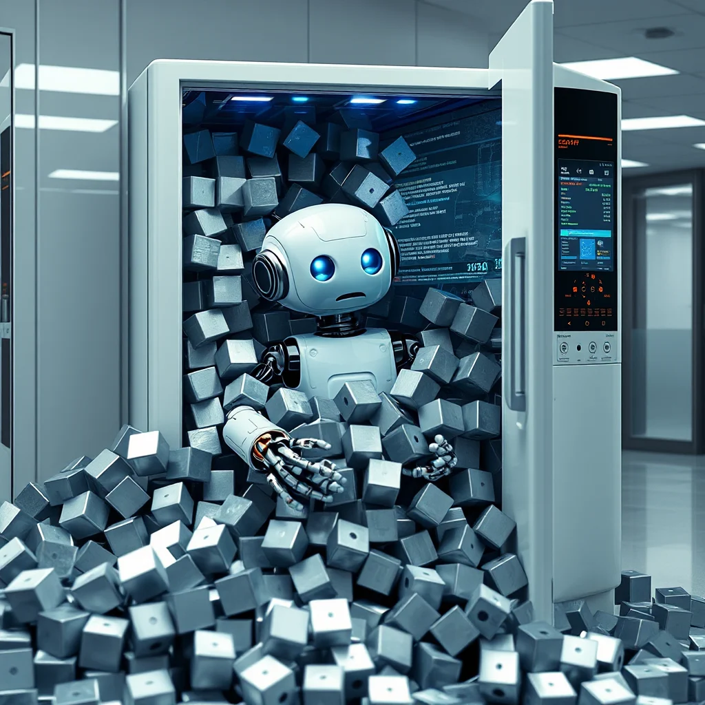 Ein kleiner, weißer Roboter mit blauen Augen sitzt in einem Kühlschrank, der mit grauen Würfeln gefüllt ist.