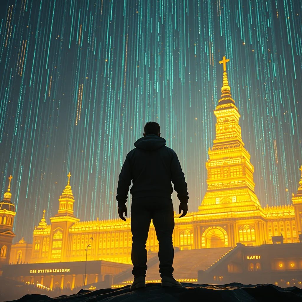 Mann steht vor einem hell erleuchteten Gebäude mit Kirchtürmen im Hintergrund, vor einem digitalen Regen aus blauen und goldenen Linien.