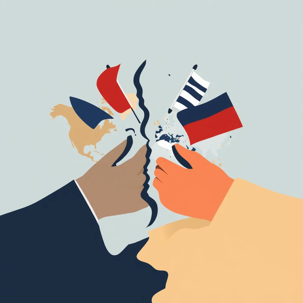 Złamana mapa z rękami, flagami Francji, Niemiec i nieznanej flagi.
