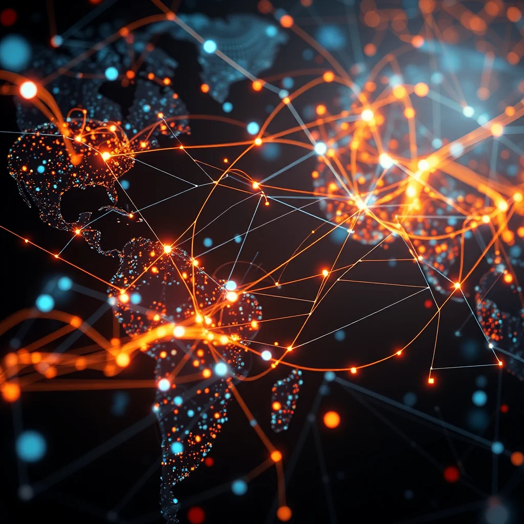 Abstrakte Darstellung eines globalen Netzwerks mit leuchtenden Verbindungen auf dem Hintergrund einer Weltkarte.