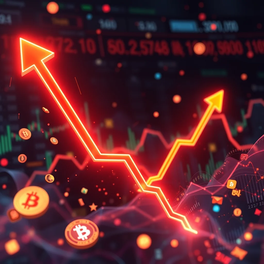 Ein leuchtend orangefarbener, neonartiger grafischer Chart mit einem Aufwärtstrend, der sich über einem abstrakten Hintergrund mit Bitcoin-Symbolen und unscharfen Börsendaten erstreckt.