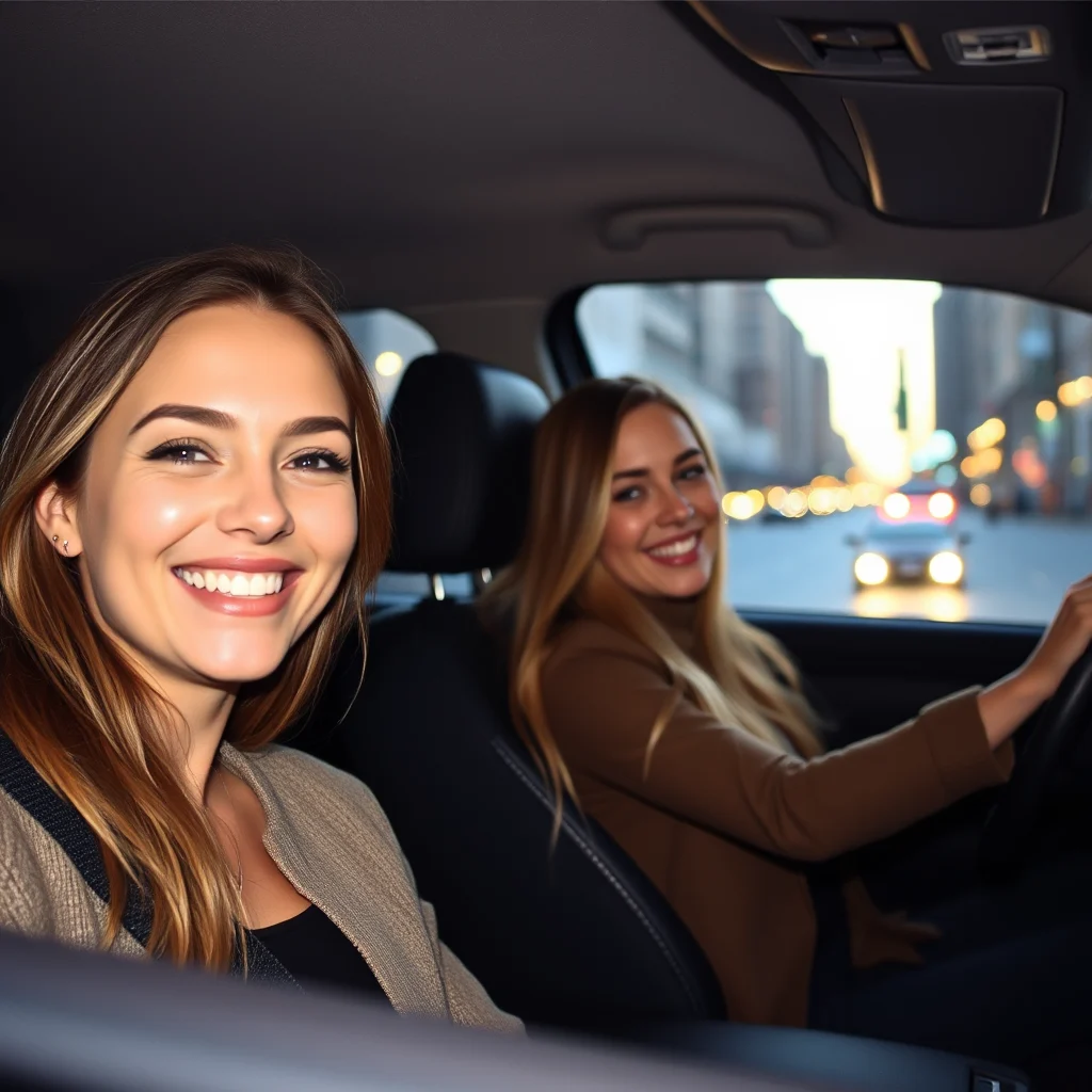 Zwei lächelnde Frauen fahren in der Nacht in einem Auto durch eine Stadt.
