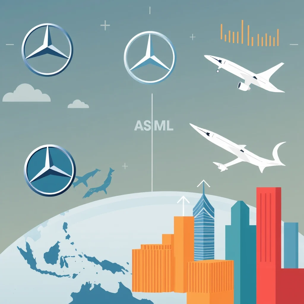 Ein stilisiertes Bild mit dem Mercedes-Benz-Stern-Logo, Flugzeugen, einer Darstellung von Asien und aufsteigenden Balken, die Wachstum symbolisieren.