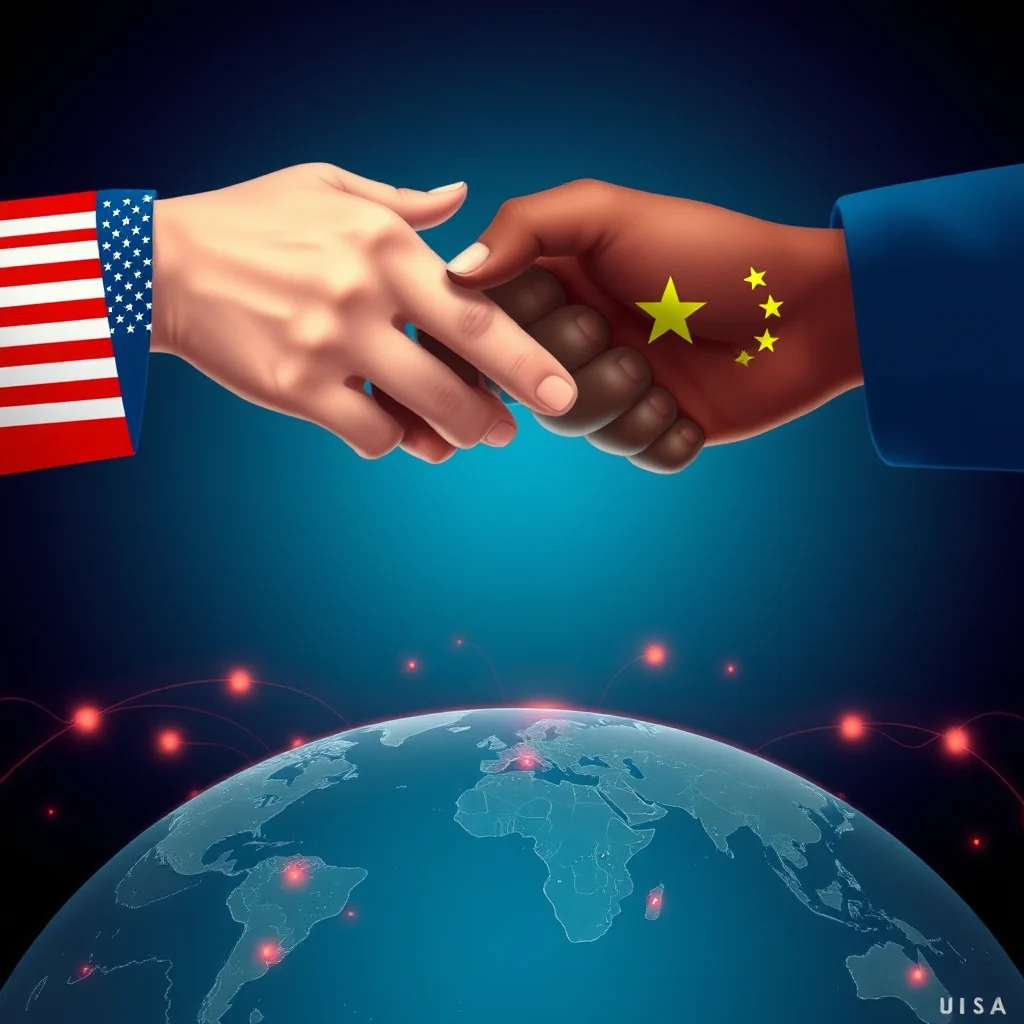Zwei Hände schütteln sich, eine ist mit der Flagge der Vereinigten Staaten geschmückt, die andere mit der Flagge Chinas, über einer Weltkugel mit leuchtenden Verbindungen.