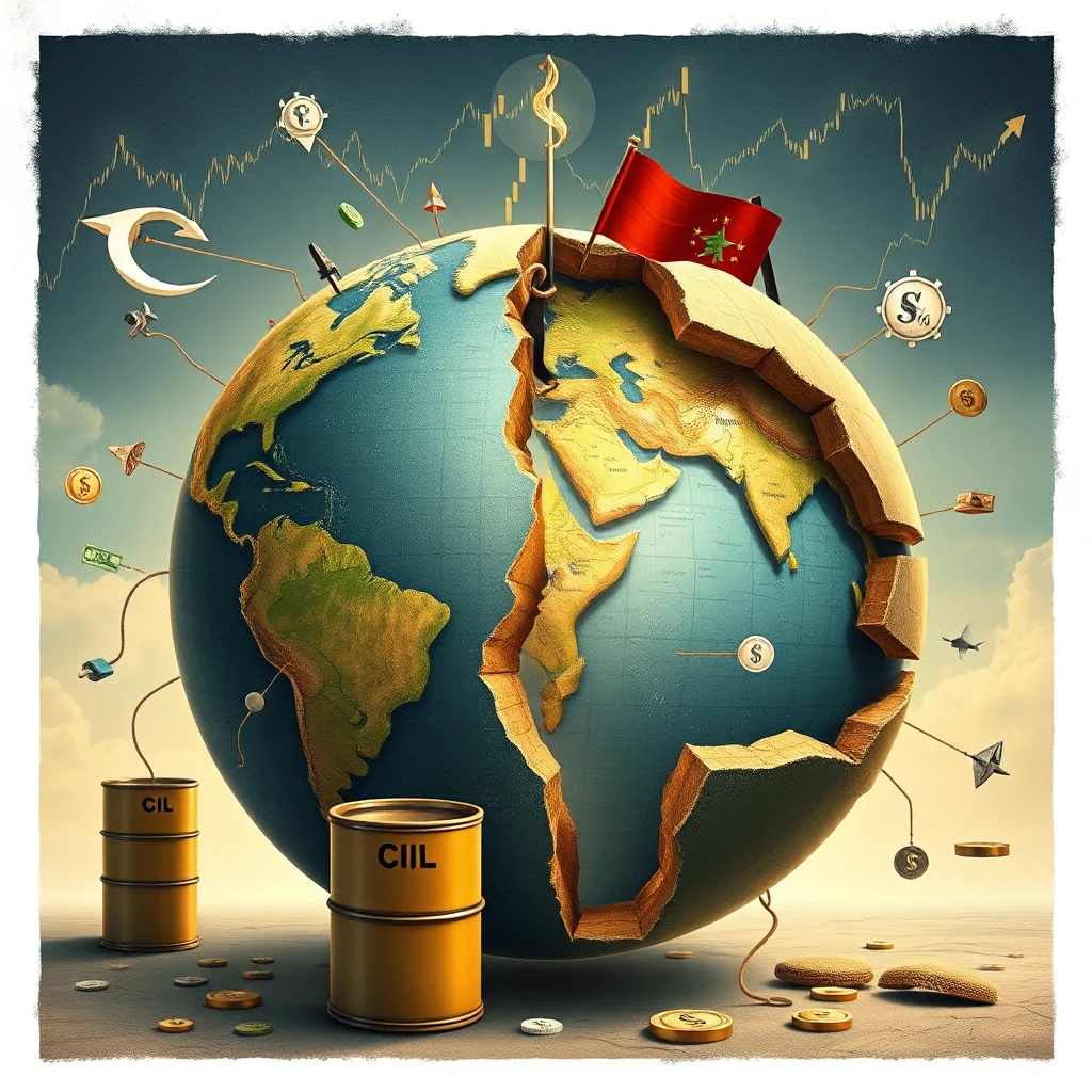 Eine Weltkugel, die in der Mitte zerbrochen ist und die Kontinente zeigt, umgeben von Symbolen des globalen Handels und der Wirtschaft, wie einer Aktiendiagramm-Wolke, Geldsymbolen, Ölkanistern und einer Flagge.