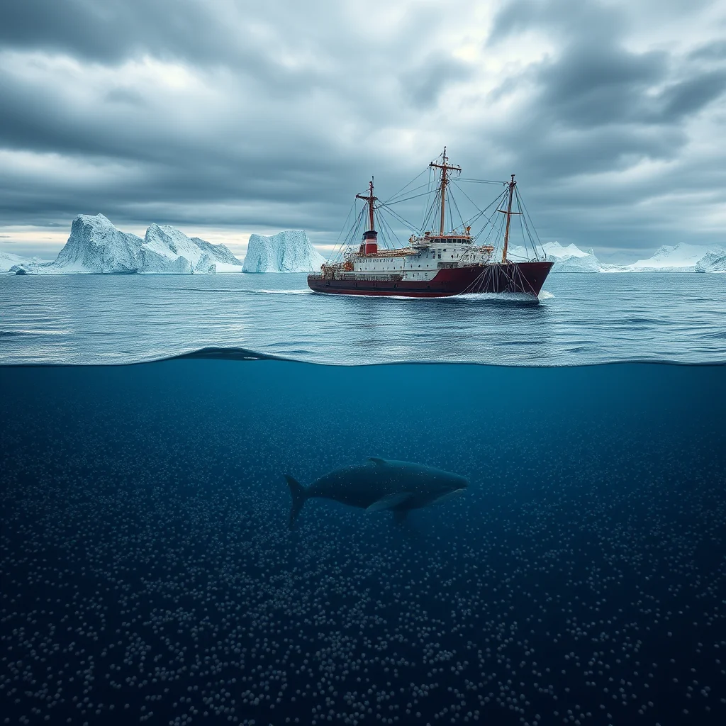 Ein Schiff fährt auf dem Meer, vorbei an Eisbergen, während ein Wal unter der Wasseroberfläche schwimmt.