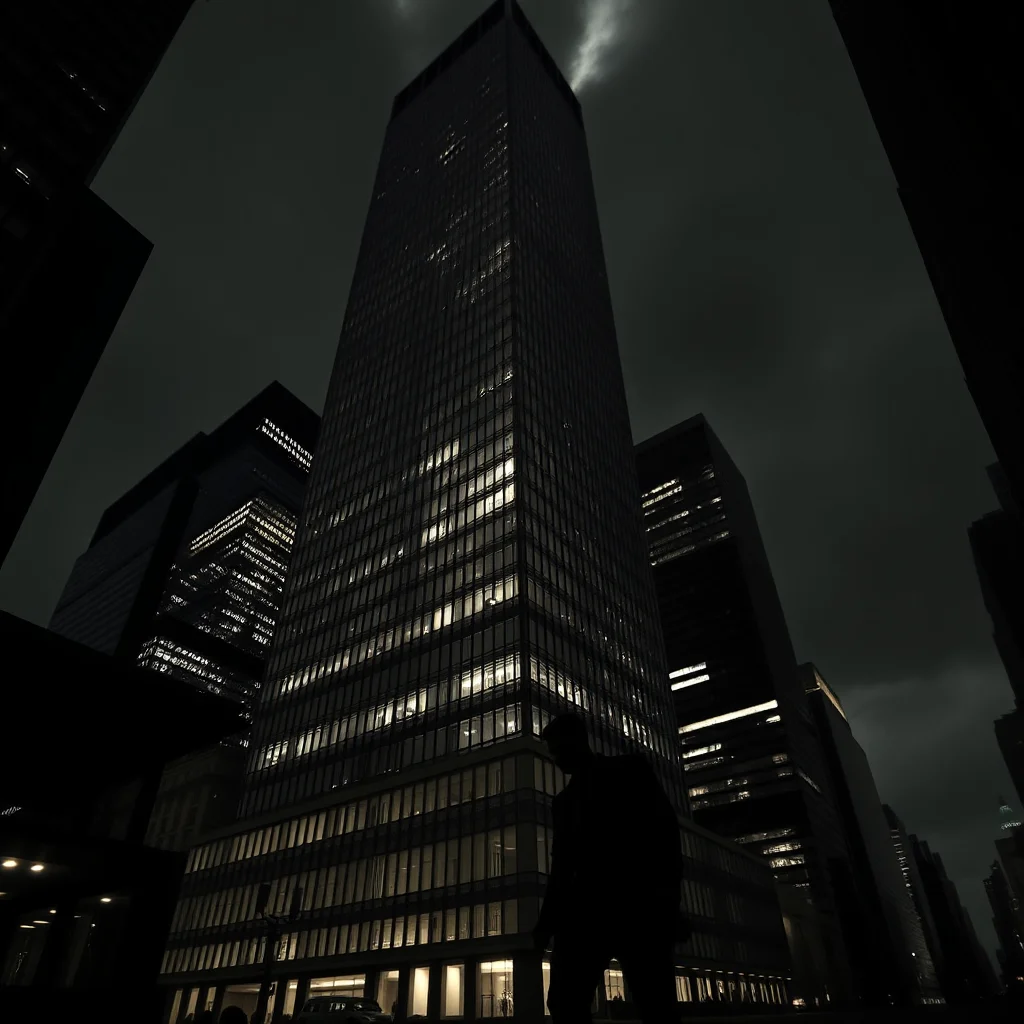 Dunkle Silhouette eines Mannes steht vor einem hoch aufragenden Wolkenkratzer mit beleuchteten Fenstern bei Nacht.