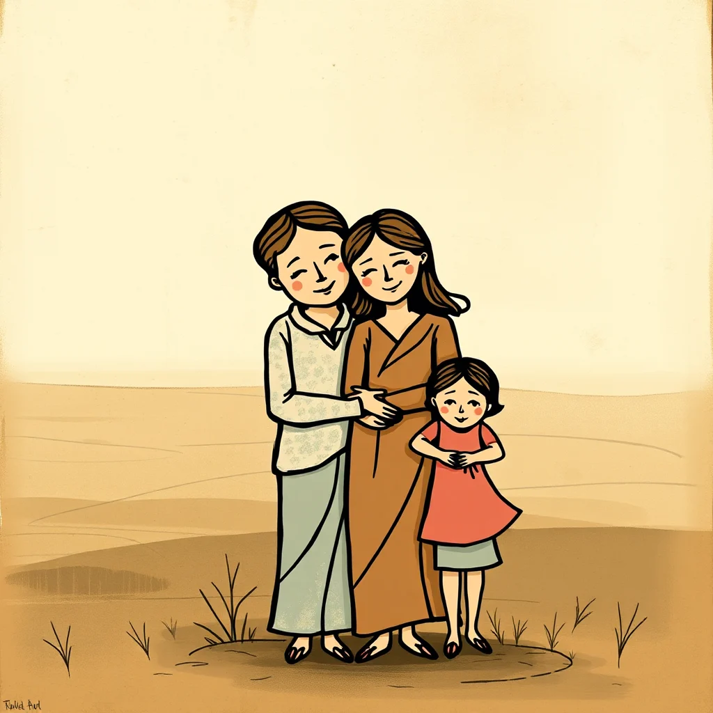 Eine bunte Illustration einer Familie mit zwei Eltern und einem kleinen Mädchen, die sich in einer wüstenähnlichen Landschaft umarmen.