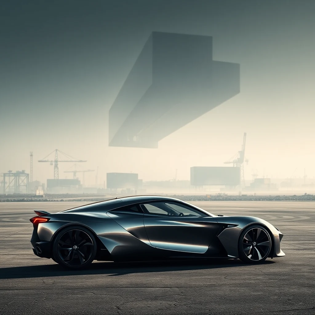 Ein futuristisches, dunkles Sportwagen-Konzept steht auf einer asiatischen Hafentrainingsstrecke mit Kränen und Nebel im Hintergrund.