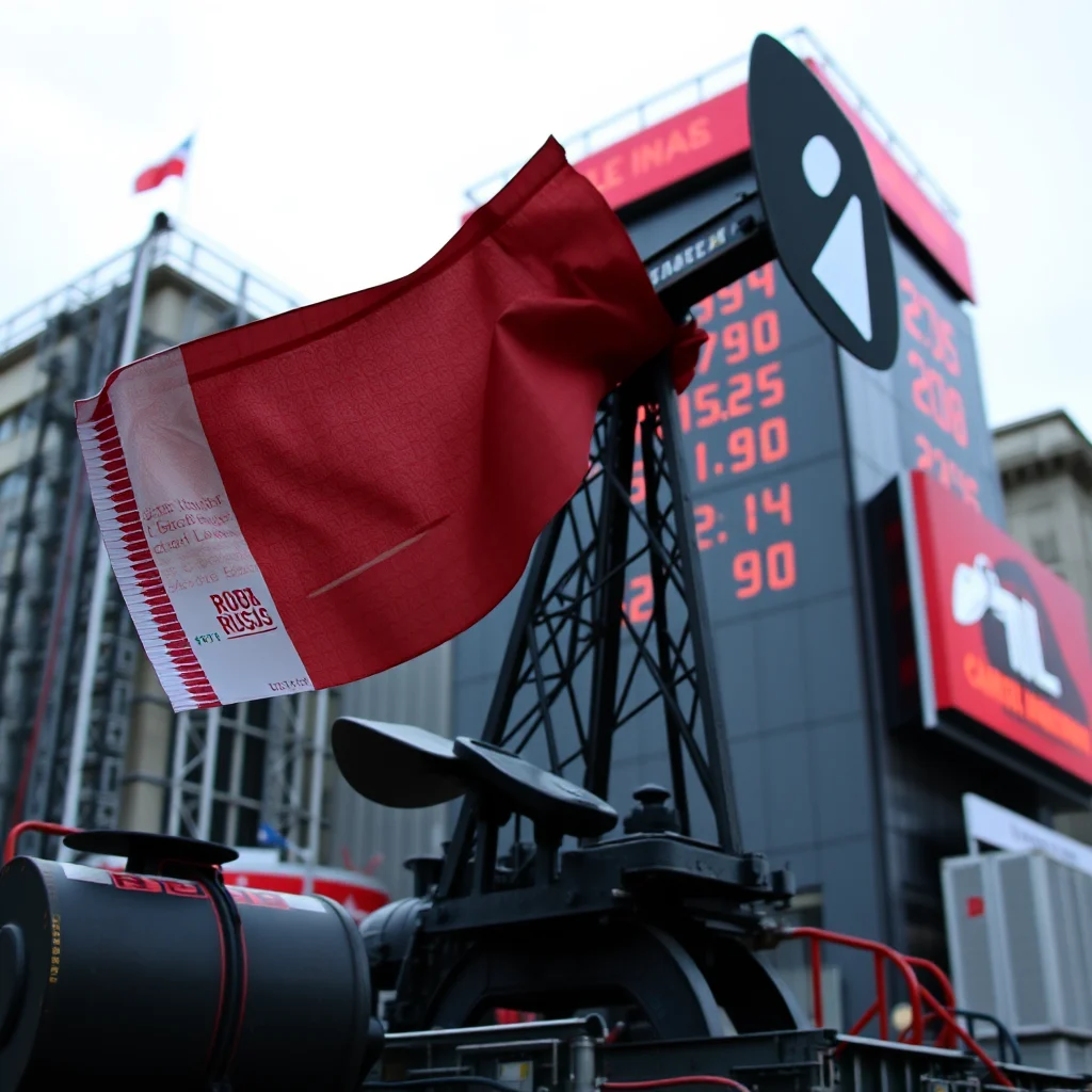 Eine rote Fahne, die an einer stilisierten Ölförderpumpe befestigt ist, weht vor einem Gebäude mit einer großen digitalen Anzeigetafel im Hintergrund.