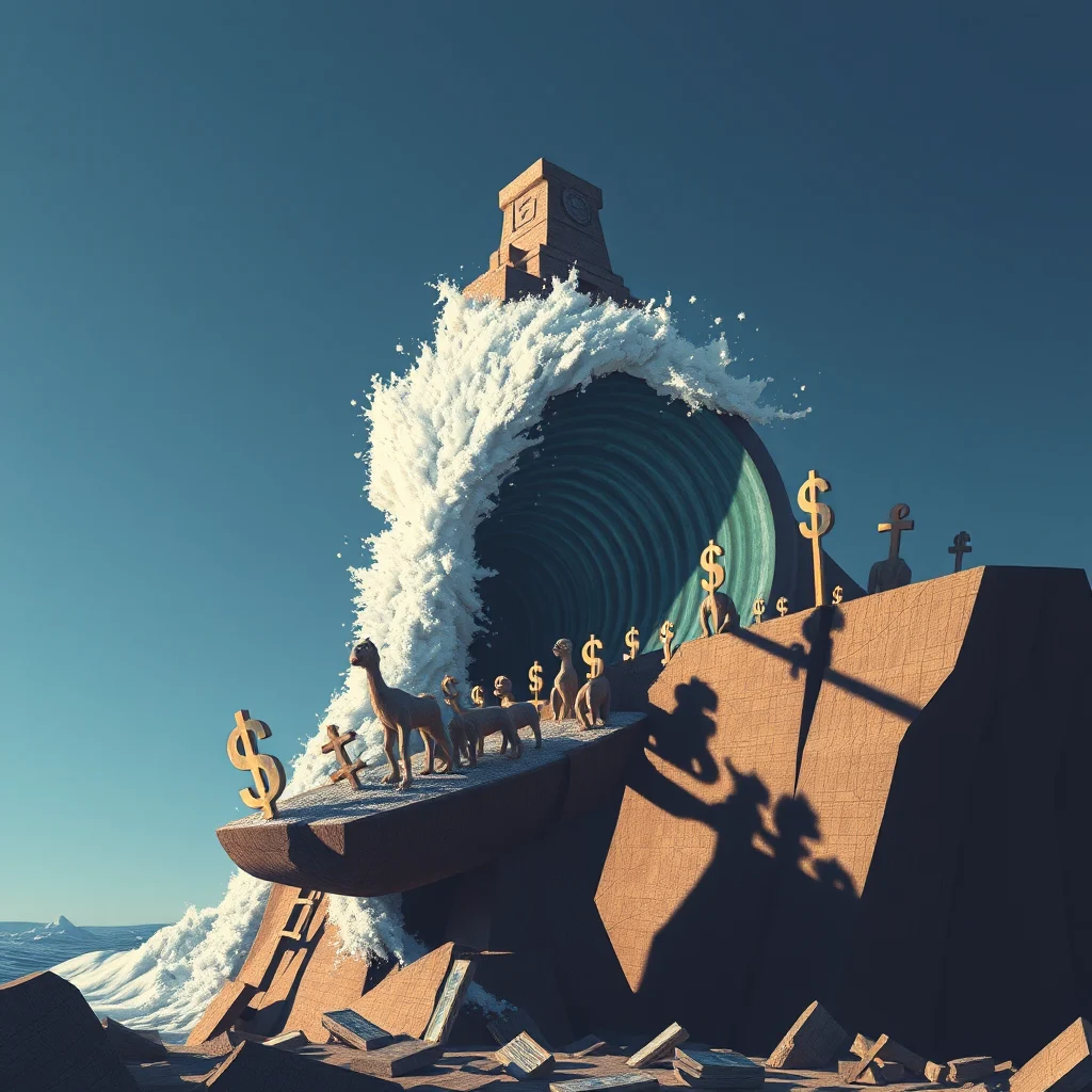 Eine riesige Welle mit einem Dollarzeichen darauf bricht über eine Gruppe von Lamas, die auf einem schrägen Hang stehen, und symbolisiert finanzielle Turbulenzen.