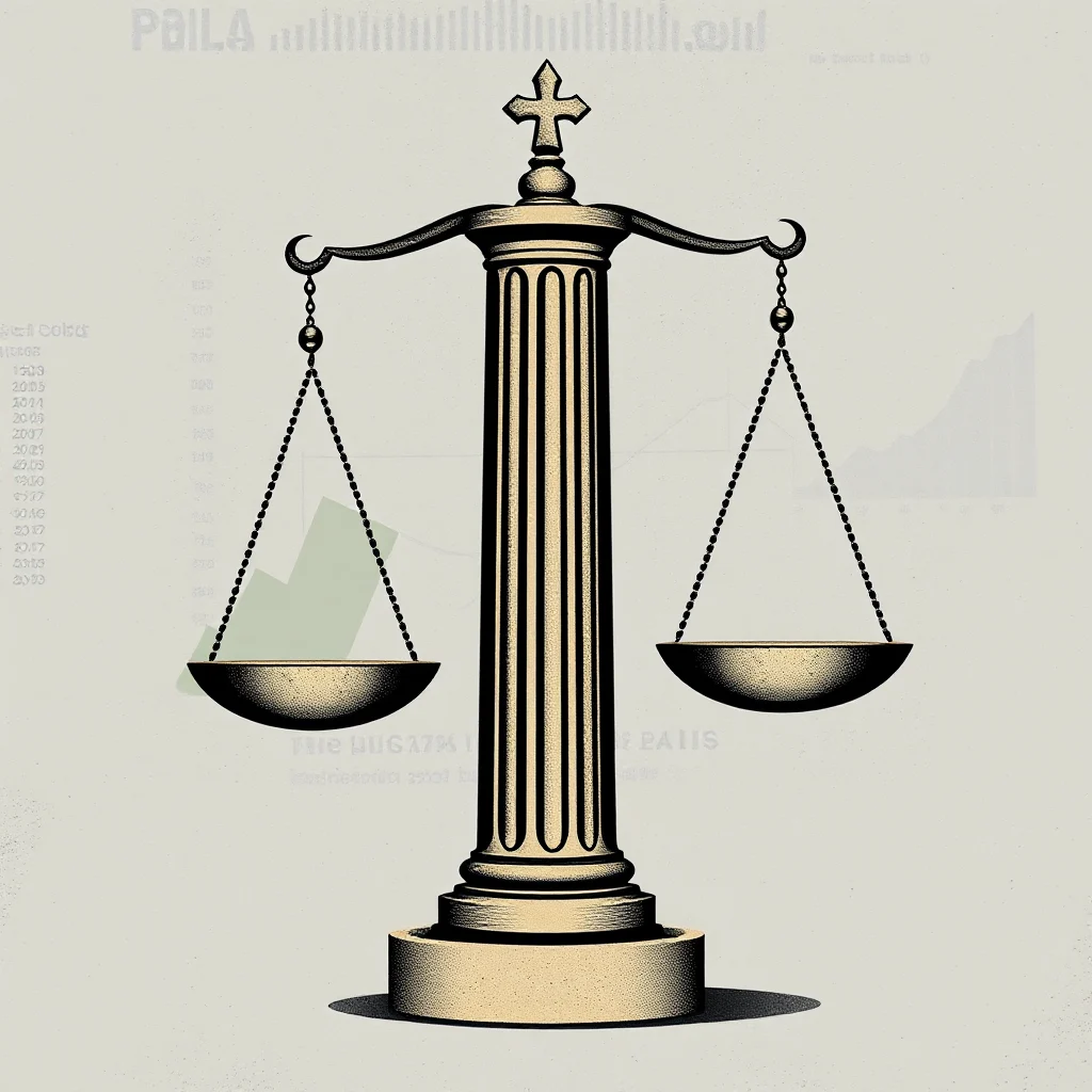Eine goldene Waage steht im Mittelpunkt, mit ihren Waagschalen aus schwarzem Metall, die an fein gearbeiteten Ketten hängen. Hinter der Waage sind verwischte Diagramme und eine Reihe von Zahlen zu sehen, die auf den linken Seite der Leinwand angedeutet sind, während auf der rechten Seite ein steiler aufsteigender Trend zu erkennen ist. Das ganze Bild ist in einem Vintage-Stil gehalten, mit einem grobkörnigen, strukturierten Hintergrund, der einen Eindruck von Alter und Tiefe vermittelt.