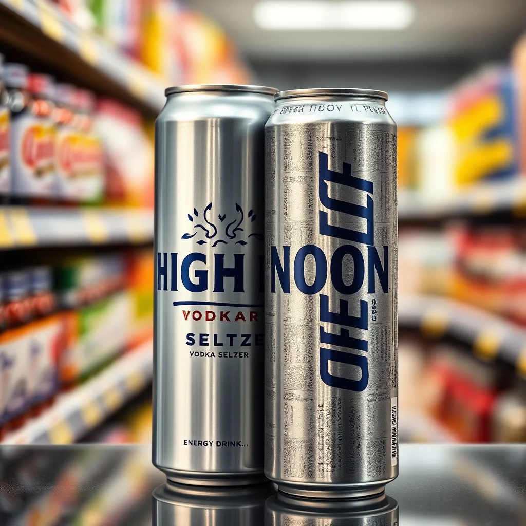 Zwei silberne Dosen mit dem Logo "High Noon" auf einer glänzenden Oberfläche, im Hintergrund Regale mit Produkten.
