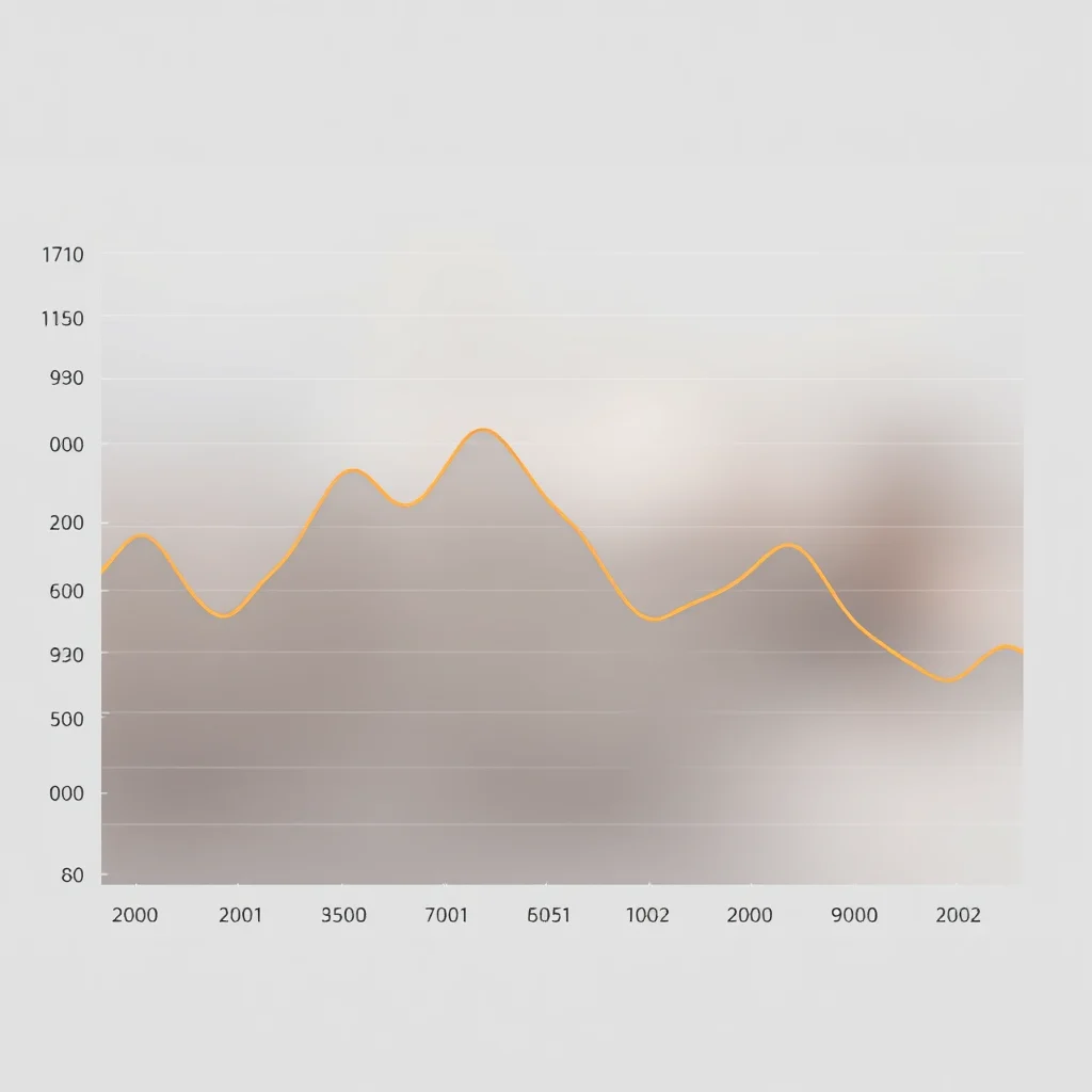 Ein Liniendiagramm mit einer orangefarbenen Linie, die einen wellenförmigen Verlauf zeigt. Die Y-Achse ist mit Zahlen wie 1710, 1150, 930, 200, 600, 930, 500 und 80 beschriftet. Die X-Achse zeigt Jahreszahlen wie 2000, 2001, 3500, 7001, 6051, 1002, 2000, 9000 und 2002. Der Hintergrund ist grau und leicht unscharf.