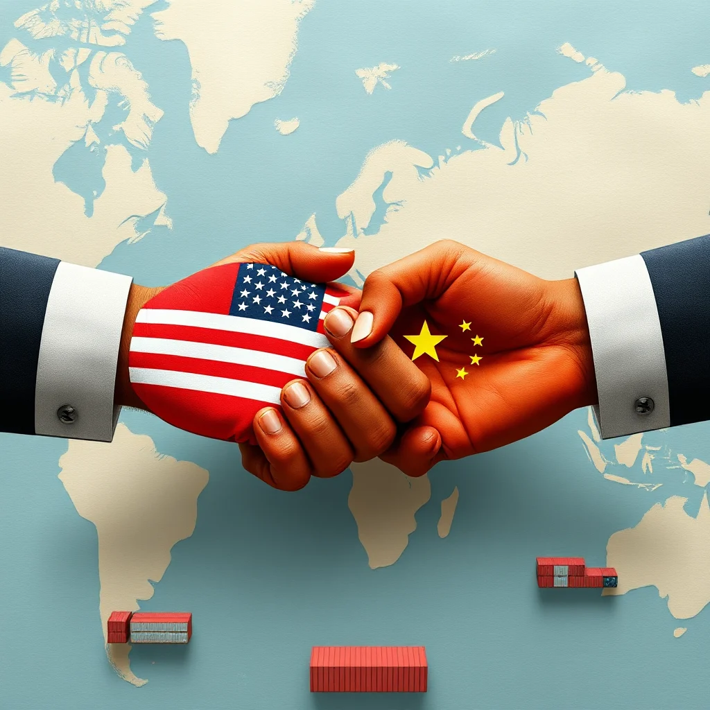 Händedruck zweier Personen, die die Flaggen der USA und Chinas auf ihren Händen tragen, vor einer Weltkarte mit Schiffscontainern.