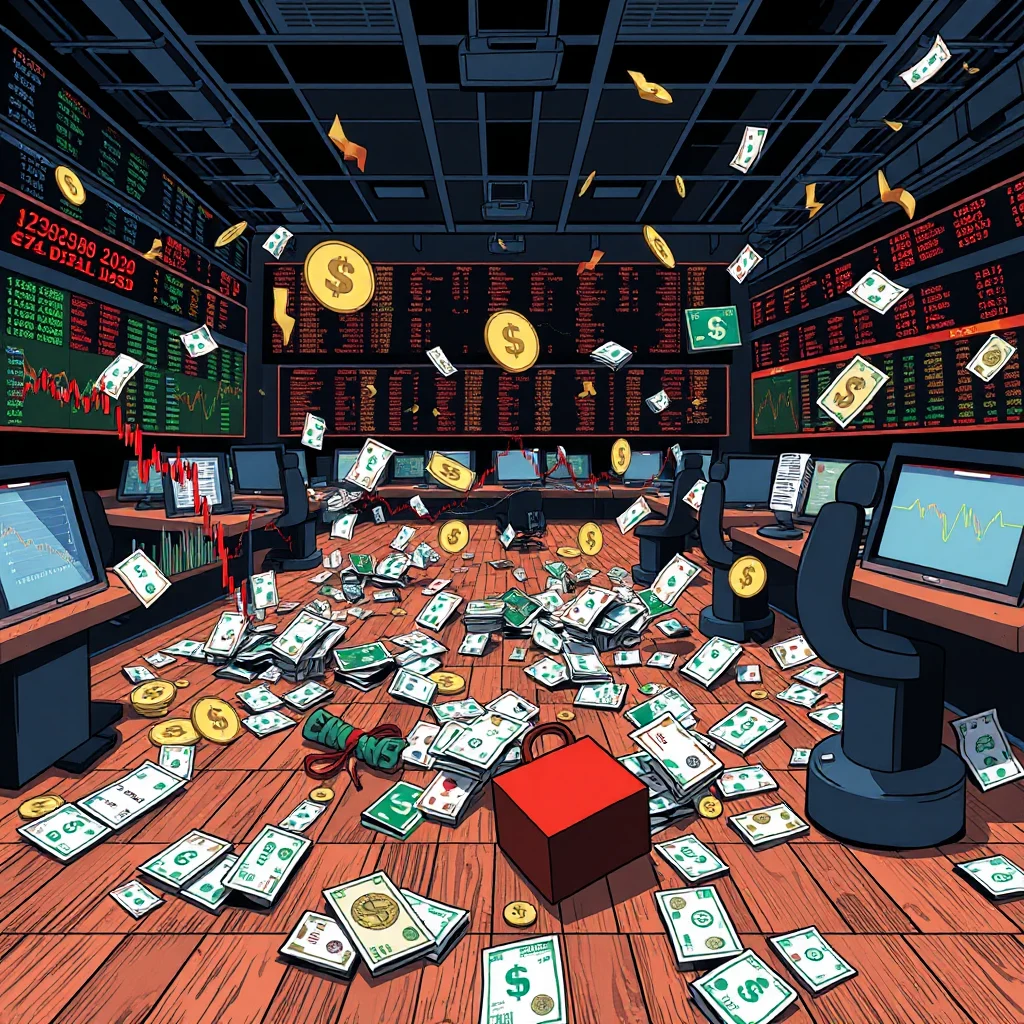 Ein illustration eines raum voller geld, mit scheinen und münzen auf dem boden und in der luft um einen roten koffer herum.