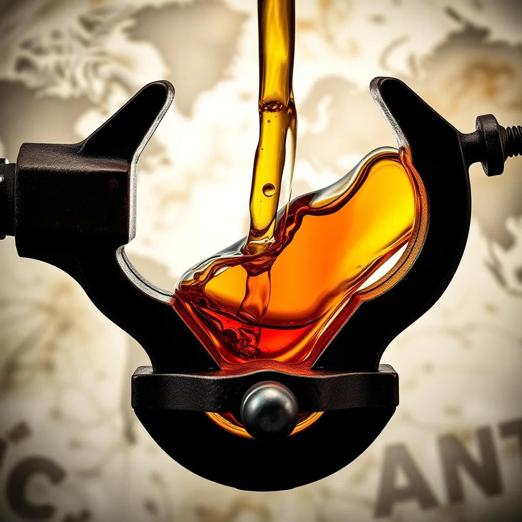Ein unter einer Zwinge gehaltenes Glas mit bernsteinfarbenem, transparentem Alkohol, der sich darin sammelt, während von oben ein dünner Strahl derselben Flüssigkeit hineingießt.