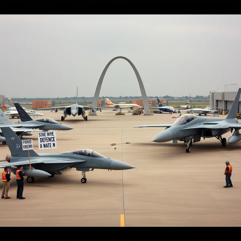Ein militärischer Flugtag mit Kampfjets auf dem Flugfeld und dem Gateway Arch im Hintergrund.