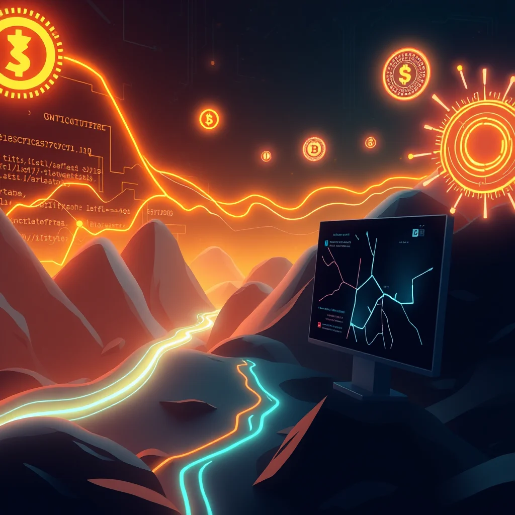 Ein digitaler Berglandschaft mit leuchtenden Bitcoin-Symbolen, einem stilisierten Diagramm und einem Computerbildschirm, der ein sich entwickelndes Muster anzeigt, alles in lebendigen Orange- und Blautönen.