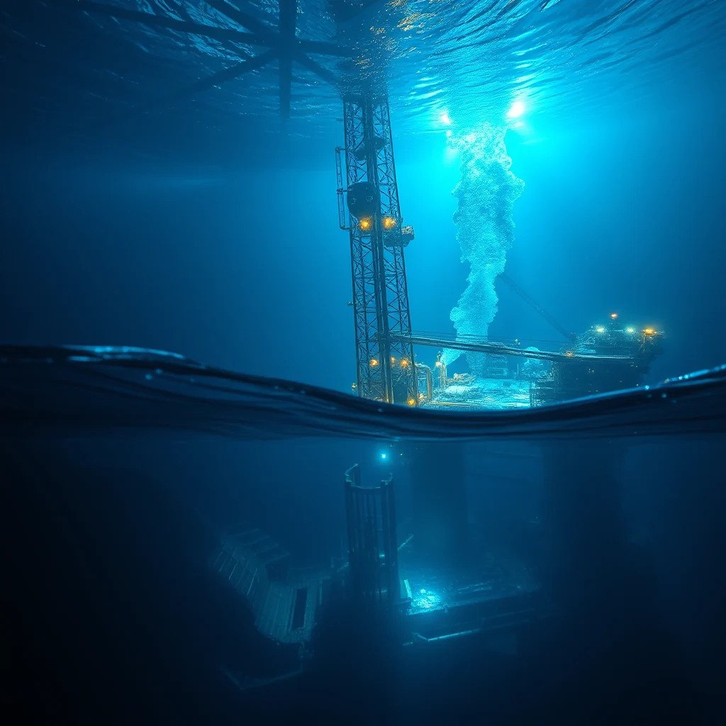 Eine Unterwasseraufnahme einer Bohrplattform im blauen Wasser, die Struktur ist mit Lichtern beleuchtet und ein großer Gasblasenstrom steigt von der Oberfläche auf. Der untere Teil des Bildes zeigt eine zerstörte Struktur auf dem Meeresboden.