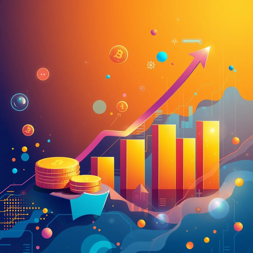 Eine stilisierte Darstellung von Bitcoin-Münzen, die auf einem Diagramm mit steigendem Trend liegen, begleitet von einem stilisierten roten Pfeil, der nach oben zeigt, vor einem Farbverlauf von orange nach blau, mit Kreisen und Schneeflocken als Elemente.