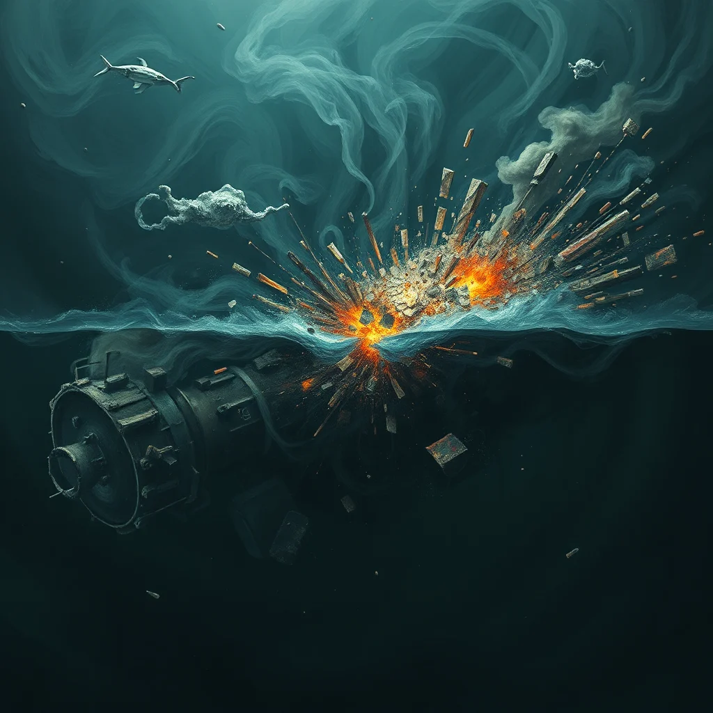 Unterwasser-Explosion eines U-Boots, wobei Trümmer und Rauch in das tiefblaue Wasser schleudern, begleitet von einem Hai und zwei winzigen Walen.