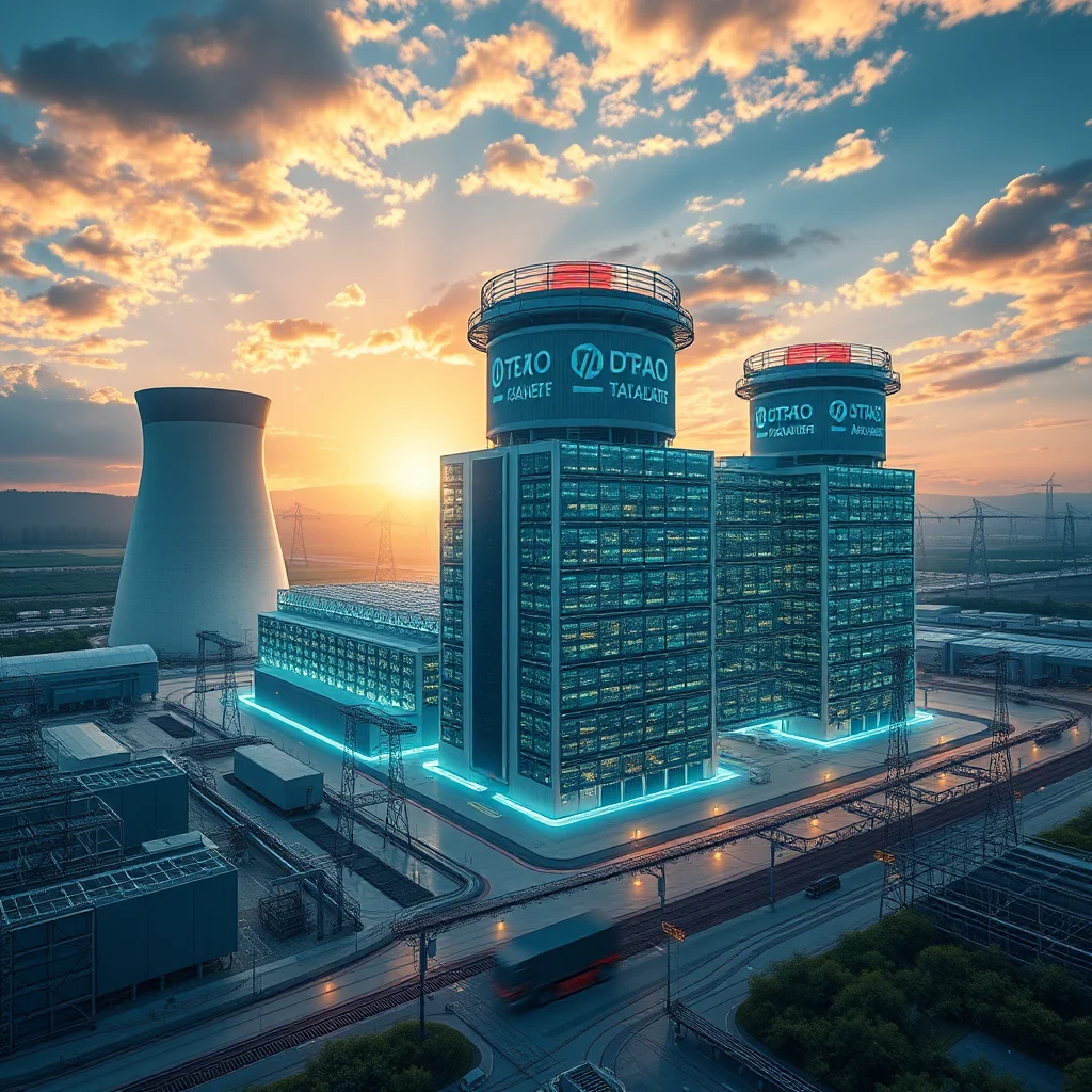 Ein stilisiertes Luftbild einer modernen Energieanlage bei Sonnenuntergang mit Kühlturm und zwei hohen Gebäuden mit Leuchtreklamen und Neonbeleuchtung, die auf dem Dach der Gebäude angebracht sind.