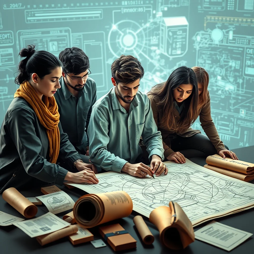 Vier Ingenieure, die über einem technischen Plan brüten, während im Hintergrund eine projizierte technische Zeichnung zu sehen ist.