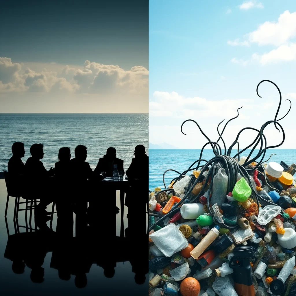 Eine Collage, die auf der linken Seite eine Gruppe von Menschen in Silhouette zeigt, die an einem Tisch sitzen und auf das Meer blicken, und auf der rechten Seite einen Haufen Plastikmüll am Meer, der von einer Seepocken-ähnlichen Struktur überragt wird.