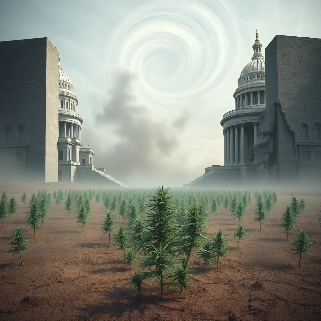 Aufnahme von marijuana-Pflanzen vor einer riesigen, zerstörten amerikanischen Regierungskuppel.
