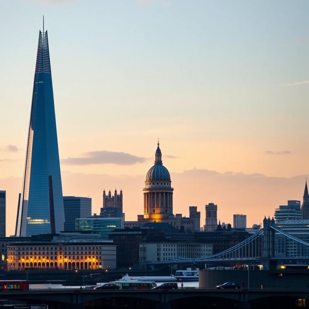 Ein Panorama der Londoner Skyline bei Sonnenuntergang mit dem Shard, der Kuppel der St. Paul's Cathedral und der Millennium Bridge.