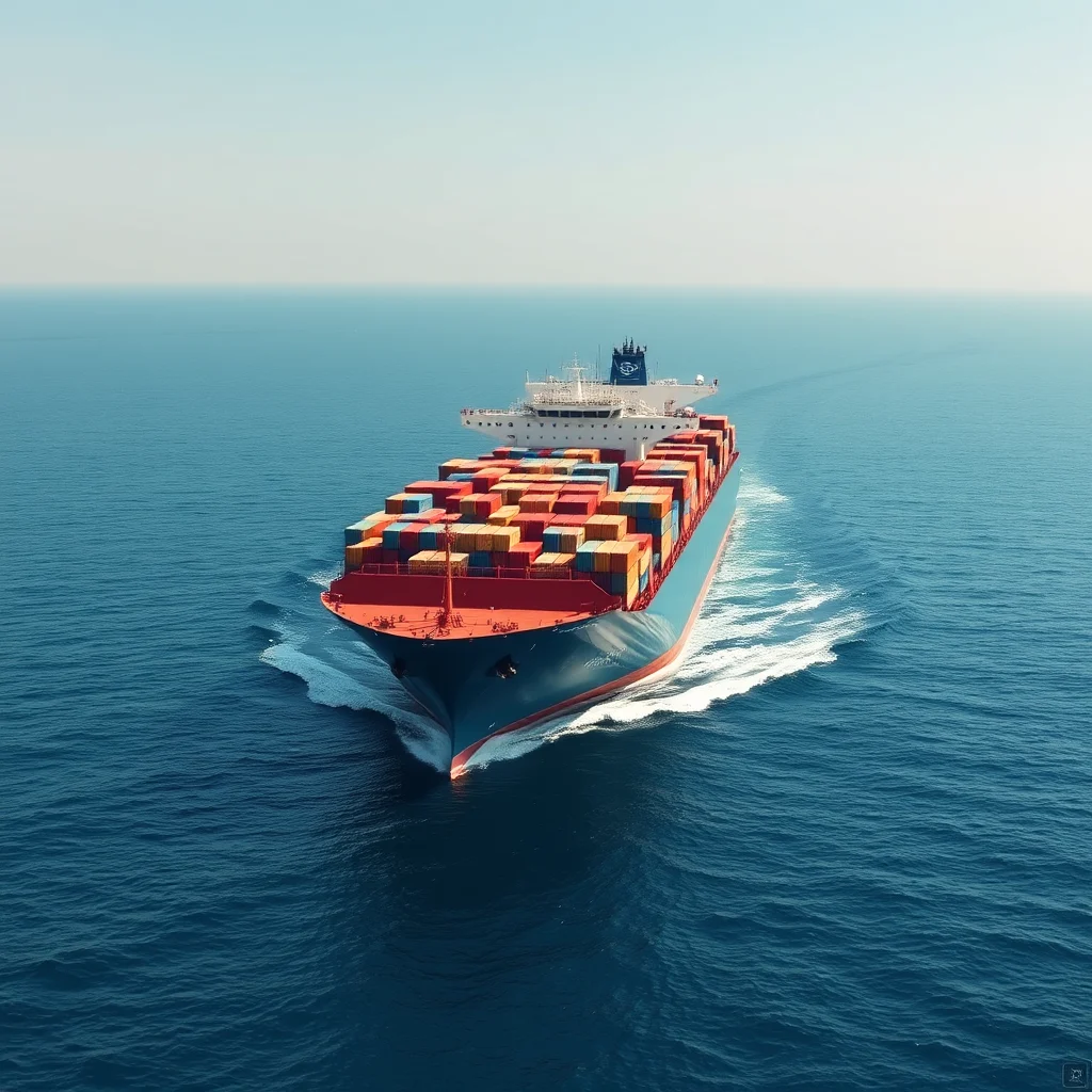Ein großes Containerschiff fährt auf dem offenen Meer in Richtung Horizont, wobei der Bug des Schiffes über das ruhige blaue Wasser schneidet.