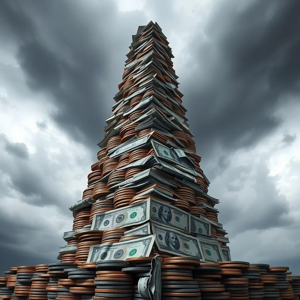 Ein riesiger Turm aus gestapelten Münzen und Geldscheinen mit bedrohlichem, stürmischem Himmel im Hintergrund.