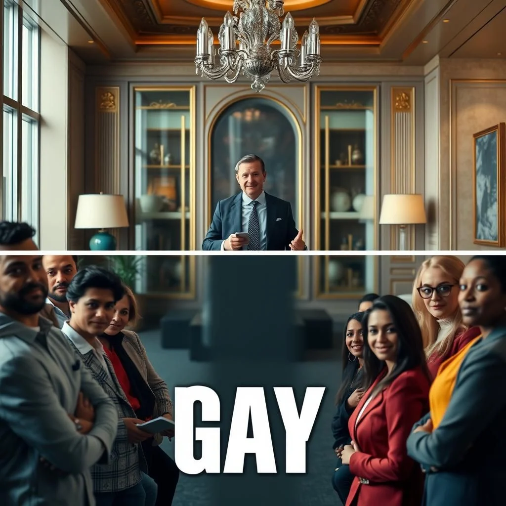 Ein Mann in einem Anzug steht in einem opulenten Büro und hält ein Smartphone. Darunter eine Gruppe verschiedener Personen, mit dem Wort "GAY" in großen Buchstaben auf einer transparenten Fläche.