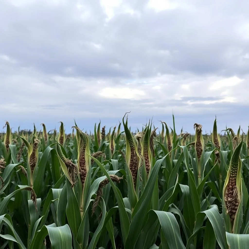 Ein Feld mit Maiskolben unter einem bewölkten Himmel.