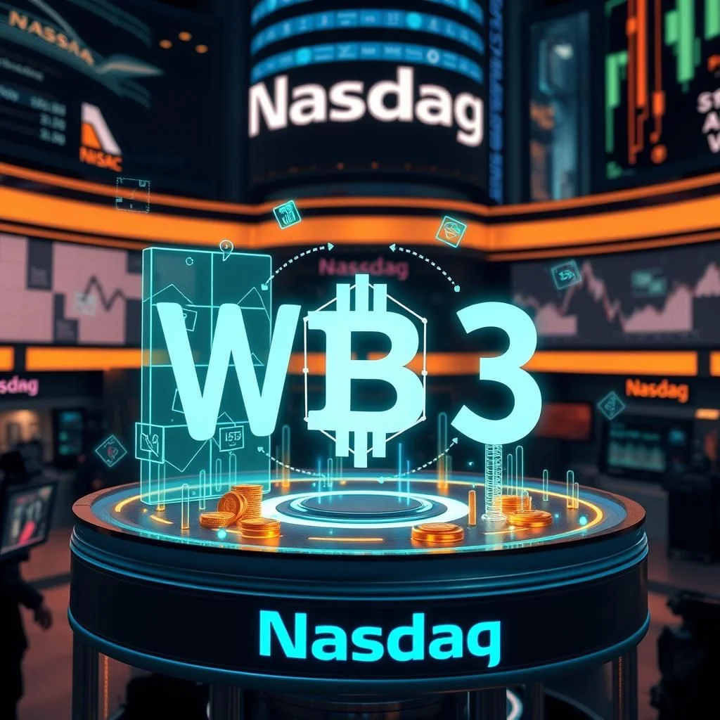 Ein riesiger, neonblauer Bitcoin-Symbol und die Zahl 3 schweben über einem Podest mit Stapeln goldener Münzen in einem modernen, futuristischen Finanzzentrum mit Nasdaq-Schildern im Hintergrund.