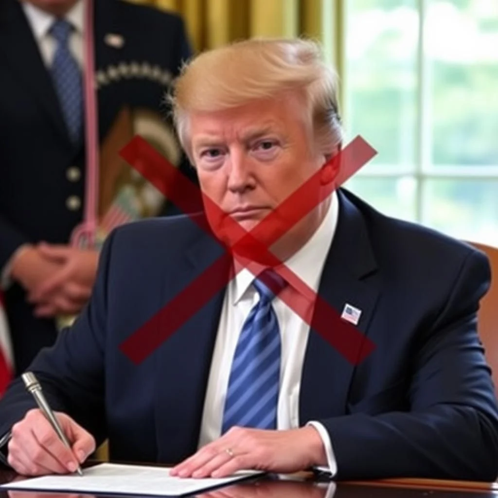 Ein Mann im blauen Anzug mit einer blauen Krawatte, der im Oval Office sitzt und einen roten X-förmigen Balken über dem Gesicht hat, während er einen Stift über ein Dokument hält.