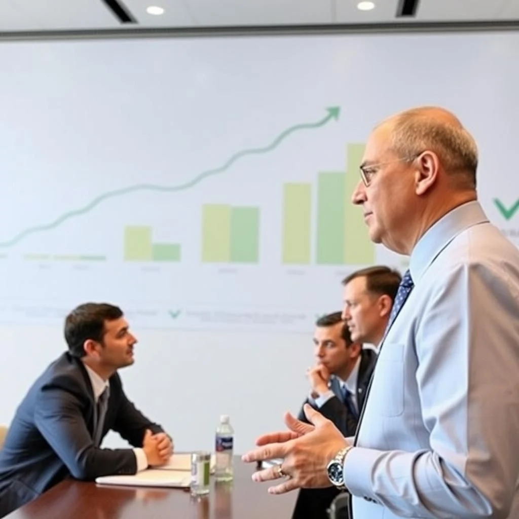 Ein Mann im Anzug sitzt an einem Tisch und unterhält sich mit drei anderen Männern, die sich ebenfalls an dem Tisch befinden, während auf einem großen Bildschirm hinter ihnen eine Grafik angezeigt wird.