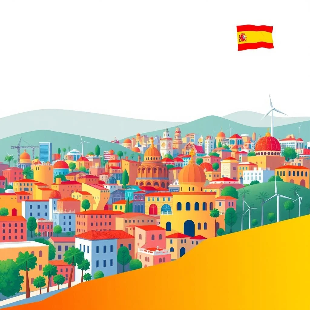 Eine Illustration einer Stadt mit vielen bunten Häusern, Kuppeln und Kirchtürmen. Im Hintergrund sind sanfte Hügel und Windturbinen zu sehen. Oben rechts im Bild weht die spanische Flagge.