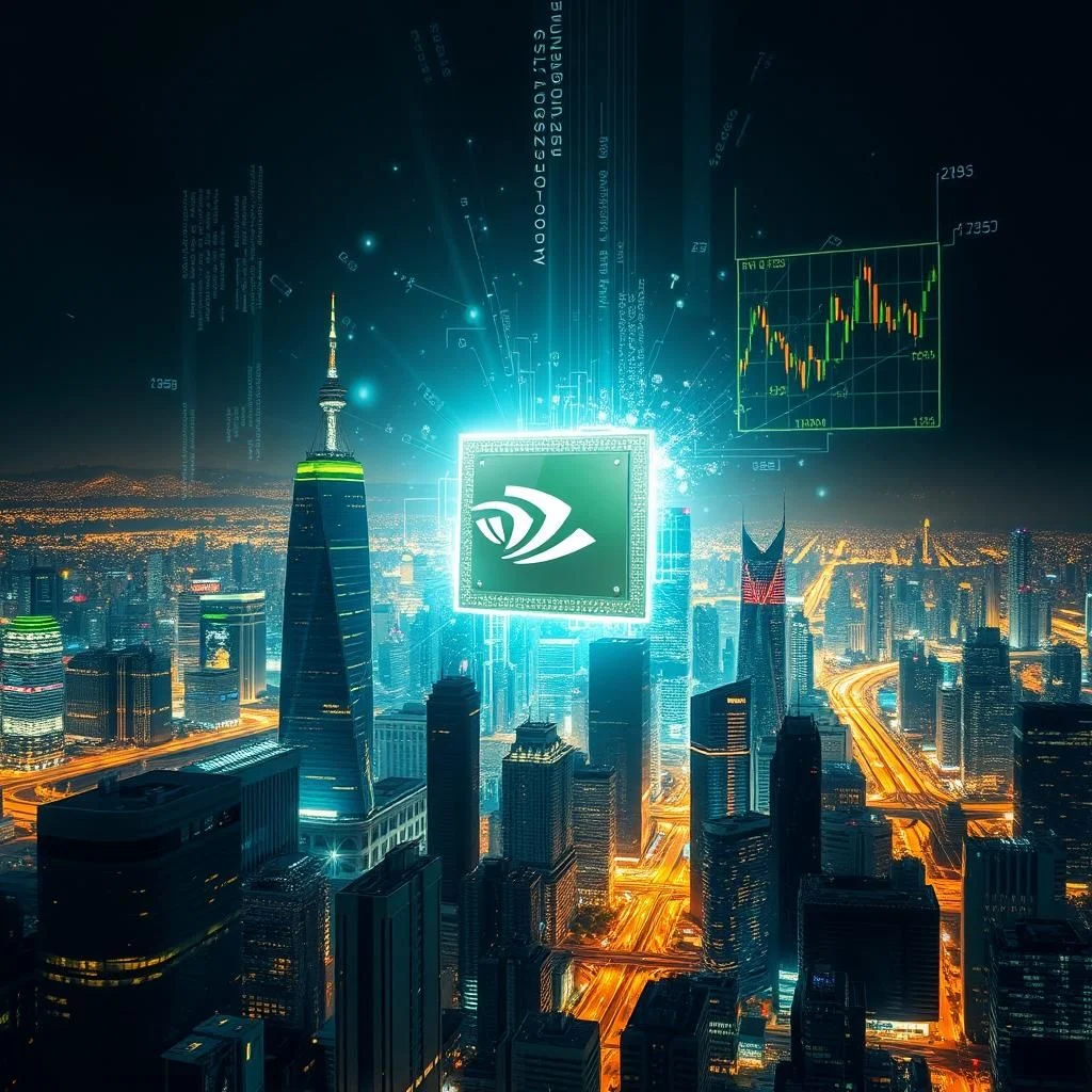 Abendliche Skyline einer Stadt mit beleuchteten Wolkenkratzern, überlagert von einem hell leuchtenden grünen Chip mit dem NVIDIA-Logo und einem Diagramm mit Finanzdaten, umgeben von blauen Lichteffekten und digitalen Daten.