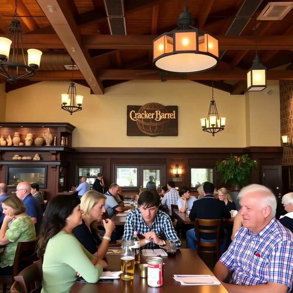 Cracker Barrel Restaurant mit holzgetäfelten Decken und Tischen, an denen Gäste in einem warmen und einladenden Ambiente sitzen.