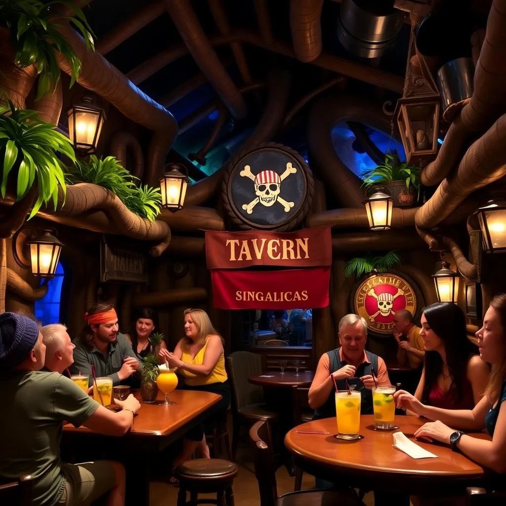 Piratenbar mit Holzdekor, Laternen und Totenkopf-Symbolen; Gäste sitzen an Tischen und trinken Getränke.
